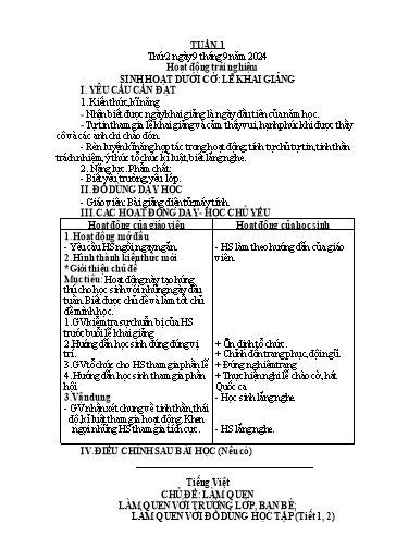Kế hoạch bài dạy Lớp 1 - Tuần 1 (Thứ 2,3,4) - Năm học 2024-2025 - Trần Thị Thanh Hương