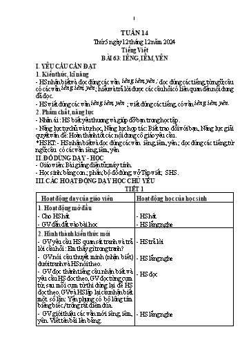Kế hoạch bài dạy Lớp 1 - Tuần 14 (Thứ 5,6) - Năm học 2024-2025 - Trần Thị Hồng Thúy