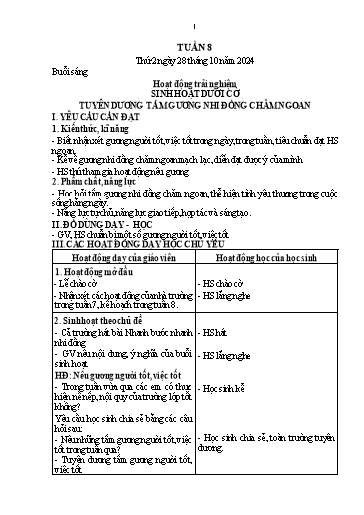 Kế hoạch bài dạy Lớp 1 - Tuần 8 (Thứ 2,3) - Năm học 2024-2025 - Nguyễn Thị Thanh Hiền