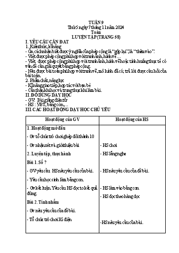 Kế hoạch bài dạy Lớp 1 - Tuần 9 (Thứ 5,6) - Năm học 2024-2025 - Trần Thị Thanh Hương